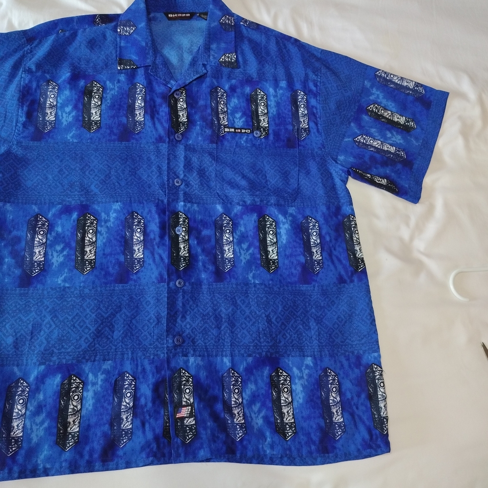 Beverly Hills Polo Club Hawaiian Button Up Shirt Men's Size Large Blue Tiki